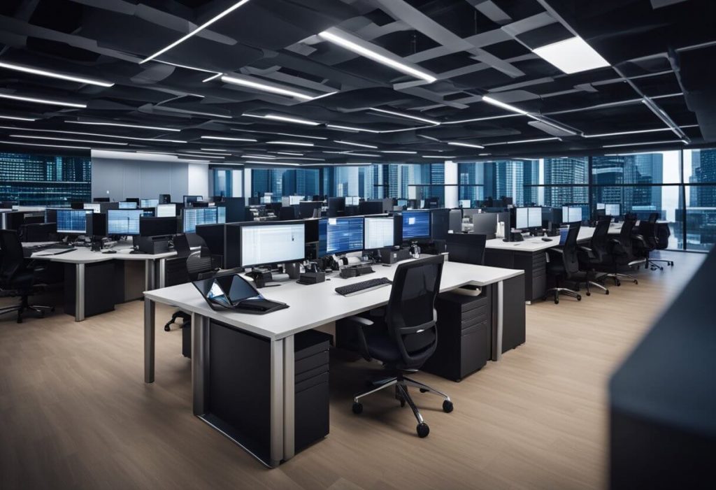 A bustling global business office with phones ringing and lights on at all hours, showing the constant activity of a 24/7 live answering service