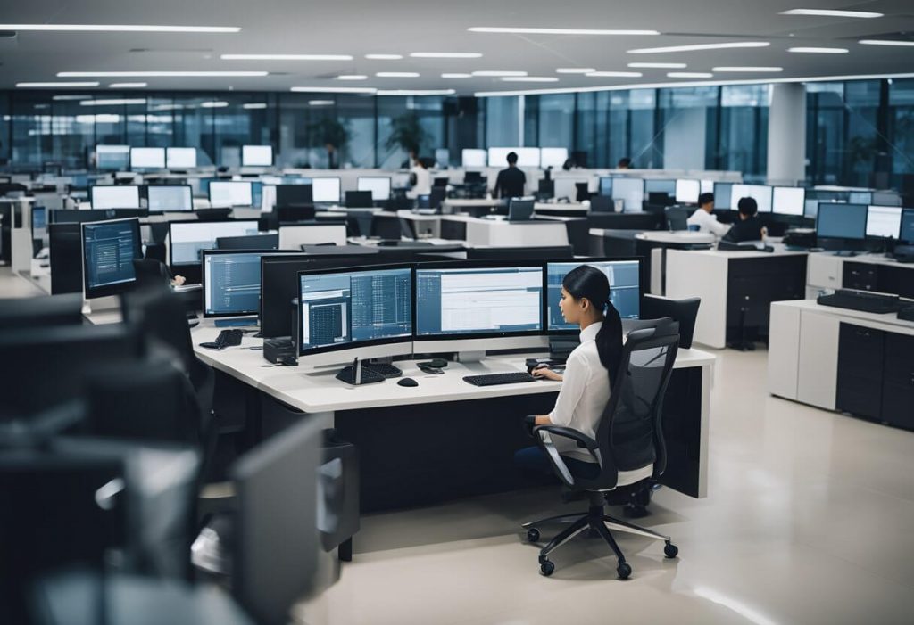 A busy office with multiple computer screens showing various tasks being efficiently managed by Filipino virtual assistants