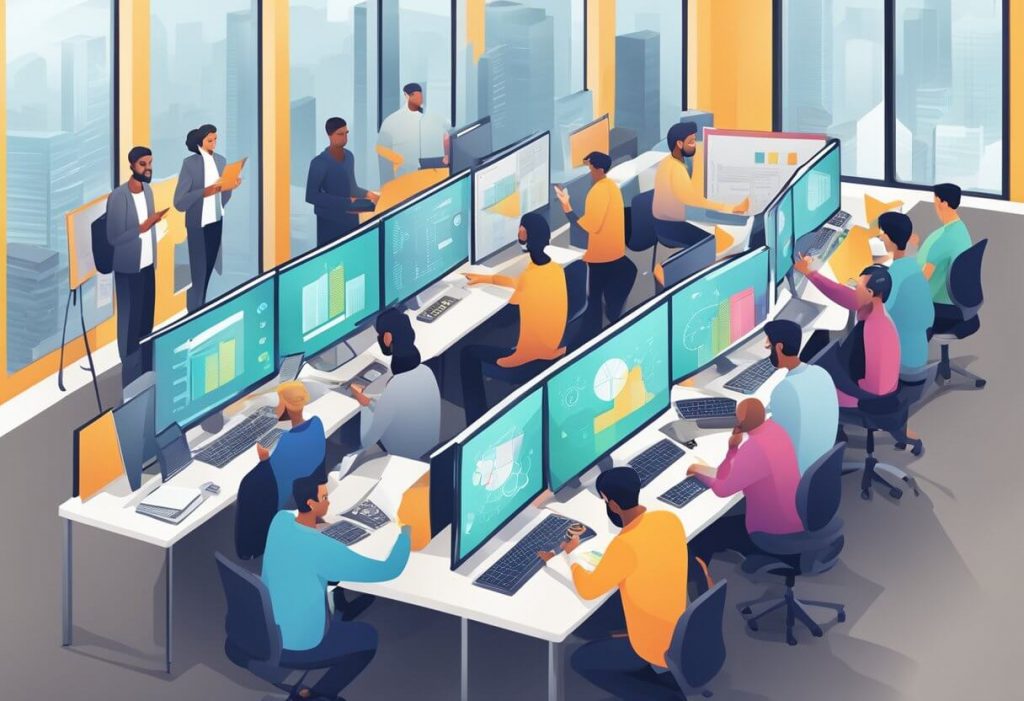 A busy office with multiple computer screen