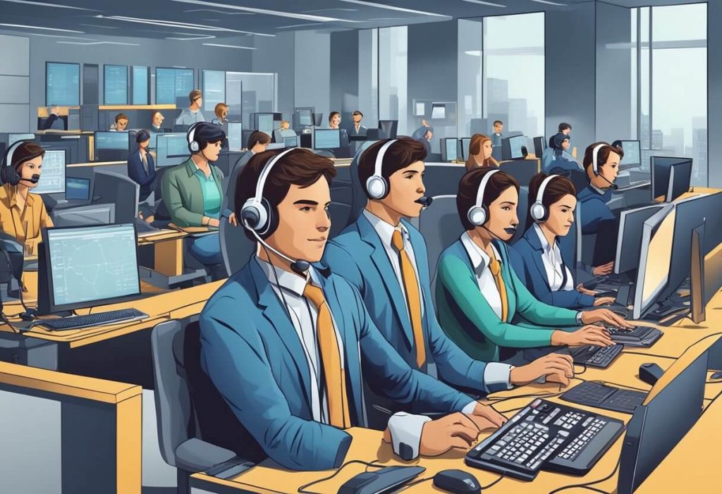 A busy tech support call center with agents assisting customers around the clock