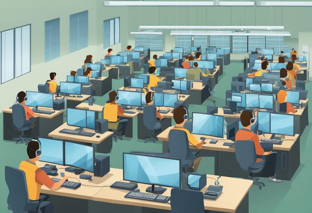 A call center with rows of computer stations