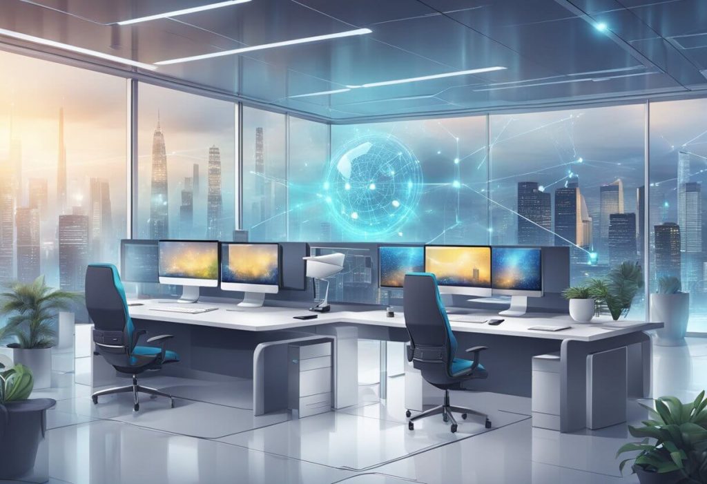 A futuristic office setting with AI technology and offshore symbols