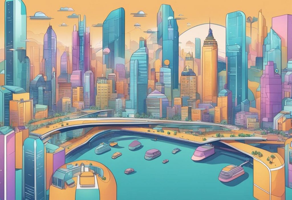 A futuristic city skyline with AI-powered customer journey maps overlaying CRM platforms