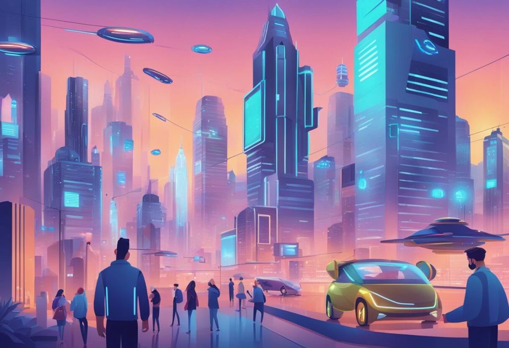 A futuristic cityscape with AI-powered customer service bots interacting seamlessly with CRM software