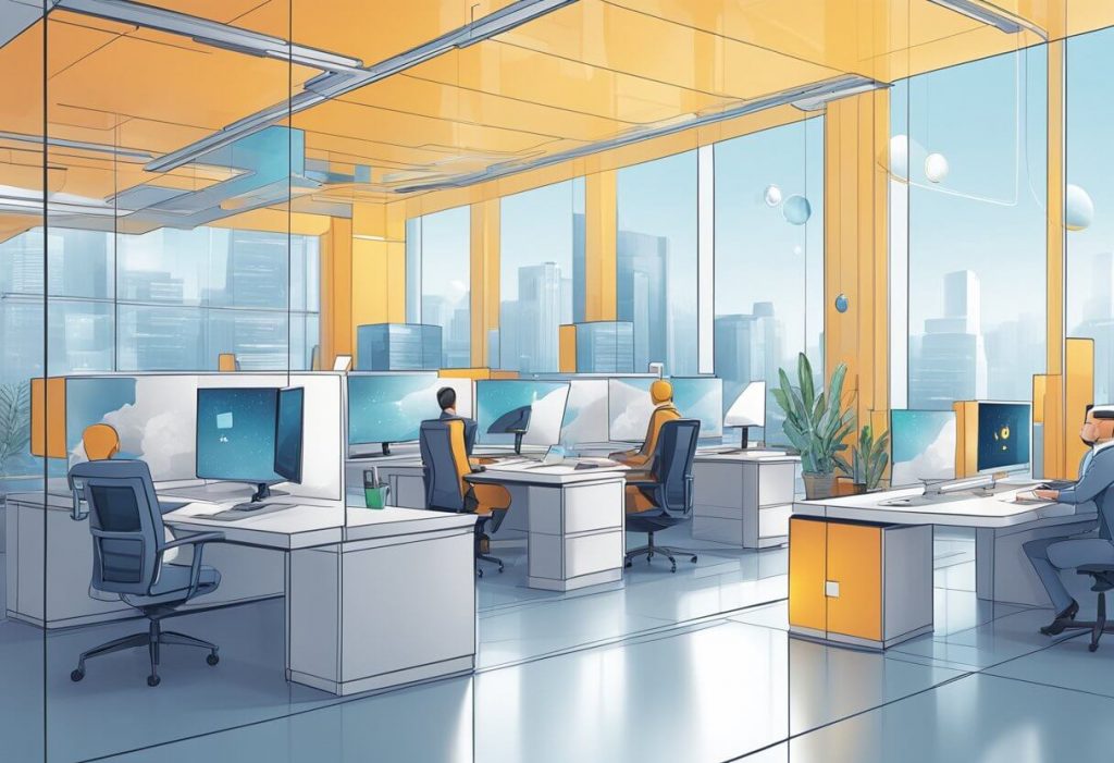 A futuristic office setting with AI technology seamlessly connecting with global talent pools