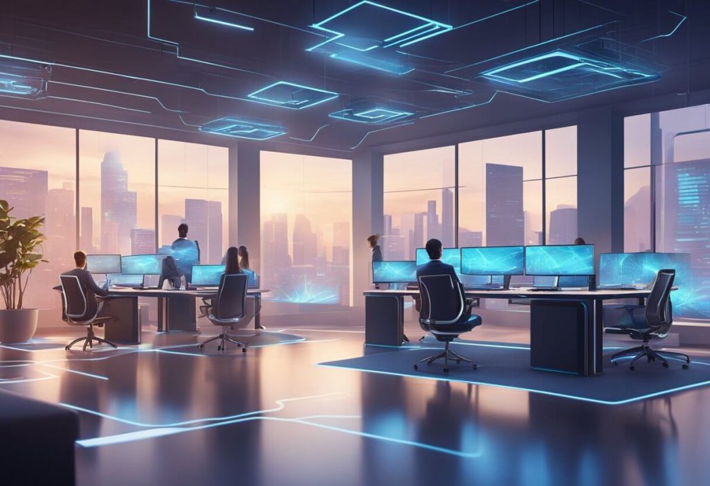 A futuristic office space with virtual workstations and holographic communication displays