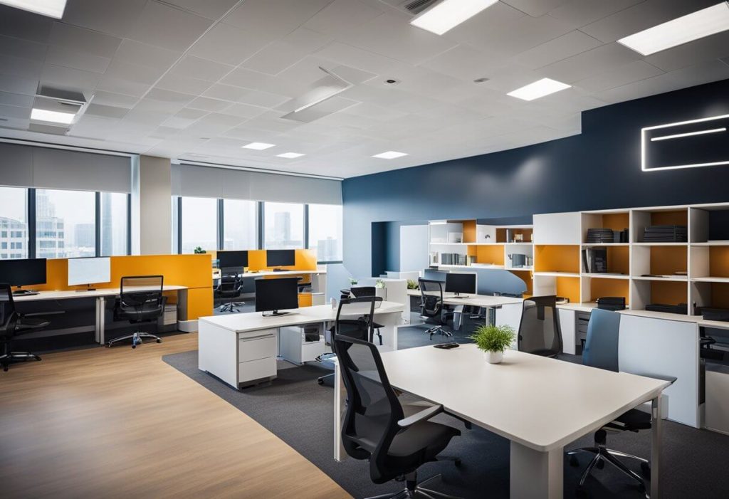 A modern office space with open workstations