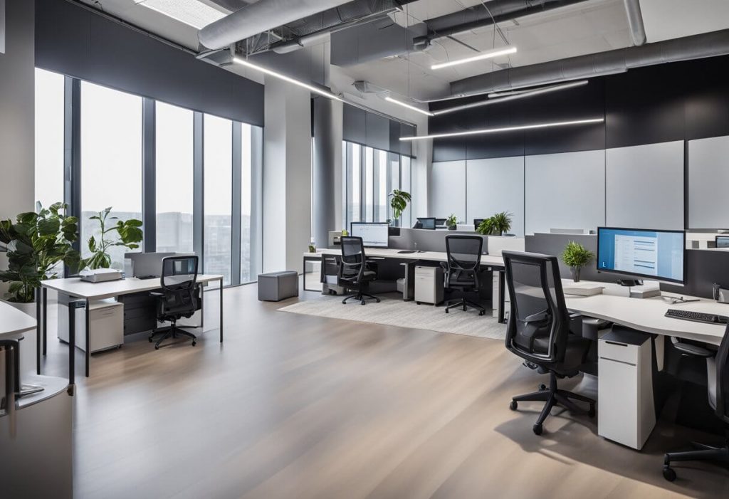 A modern office space with sleek ergonomic furniture and state-of-the-art technology