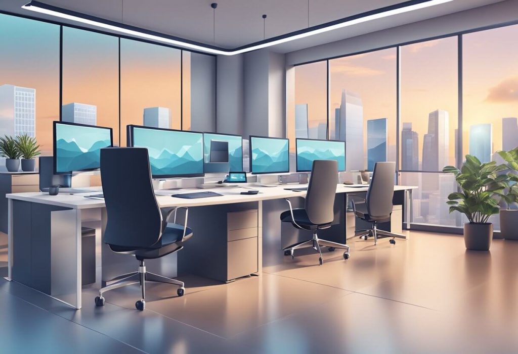 A modern office space with virtual meeting technology