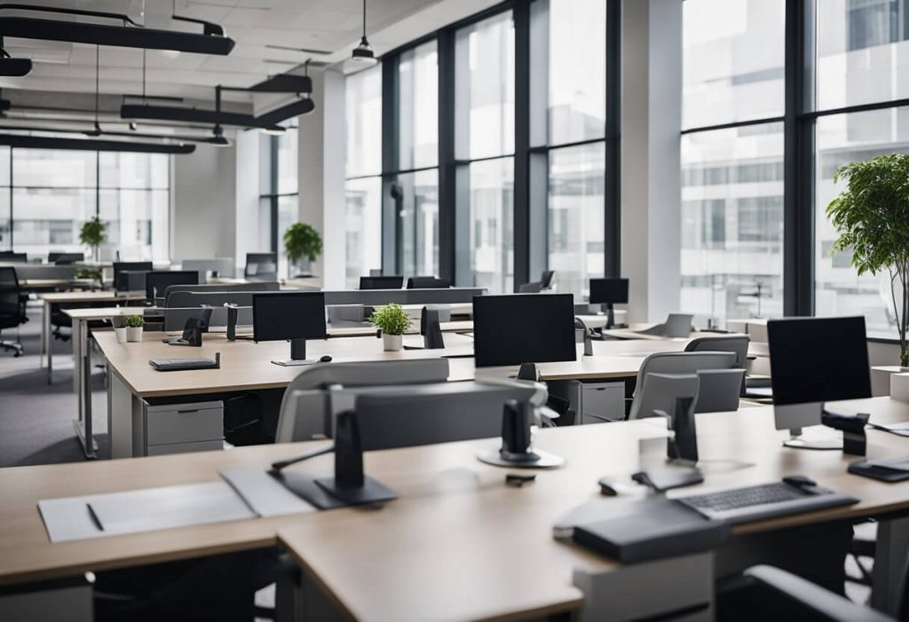 An office space with rows of empty desks and chairs