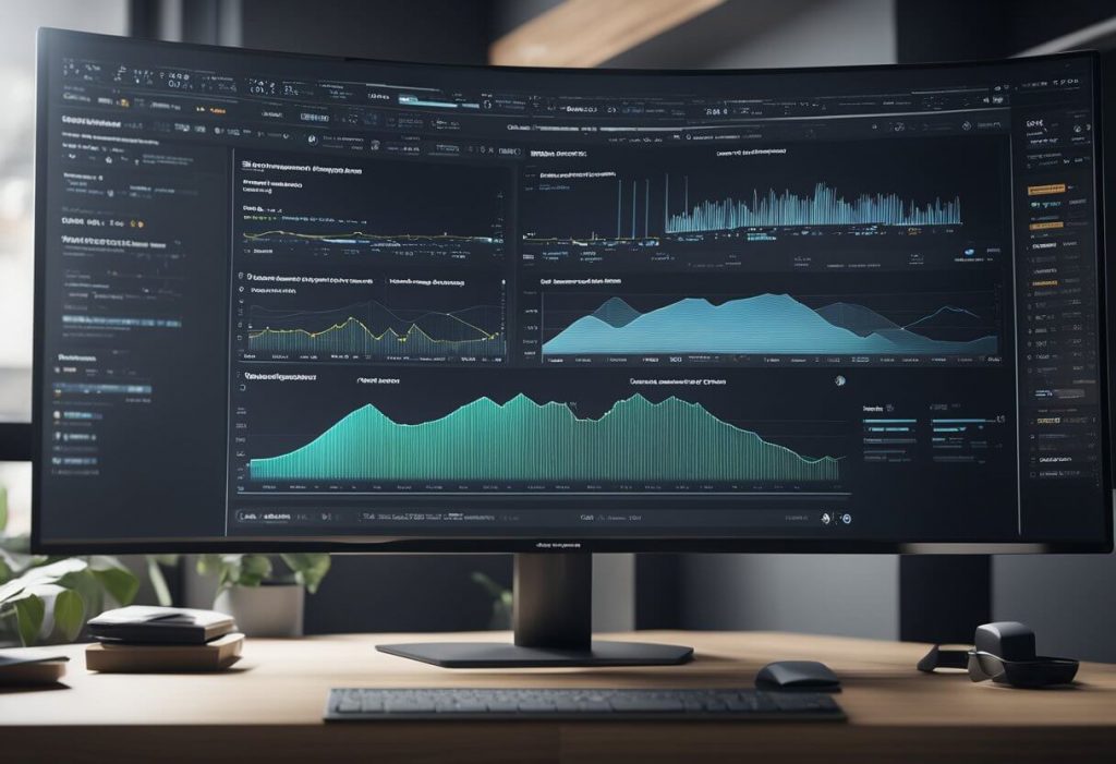 A computer monitor displaying SEO data being integrated with AI algorithms