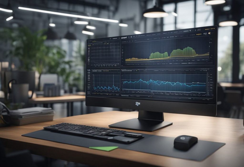 A computer monitor displaying a graph of SEO performance with AI algorithms working in the background