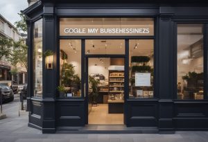 A storefront with a prominent "Google My Business" listing, surrounded by positive customer reviews and high ratings