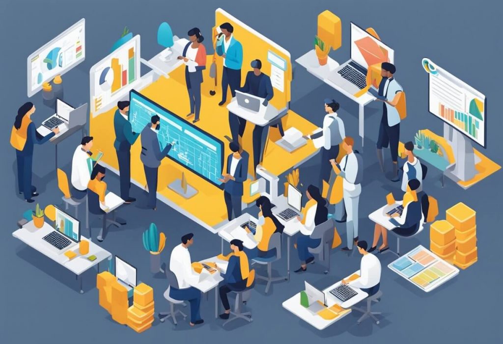 A diverse group of professionals from different countries collaborating on a project