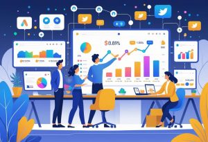 A small business owner working with a team of social media specialists in an office, looking at screens showing social media icons and rising sales charts.