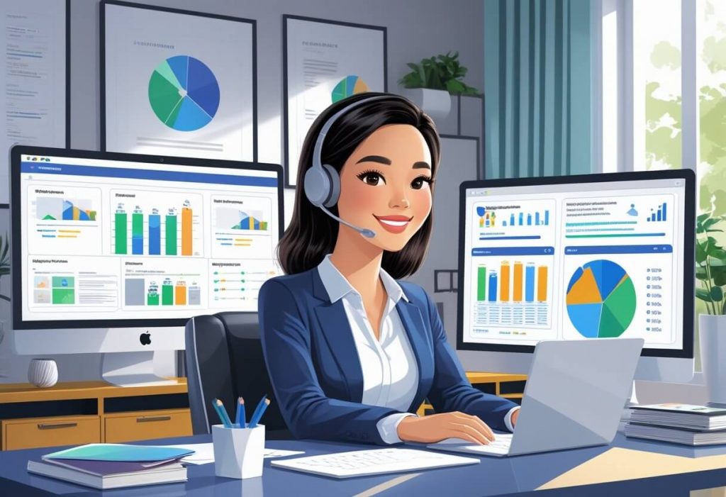 A smiling Filipino virtual assistant working remotely at a home office