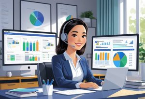 A smiling Filipino virtual assistant working remotely at a home office