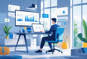 Modern real estate agent working remotely with a virtual assistant on a laptop, surrounded by digital tools and graphs, in a bright home office