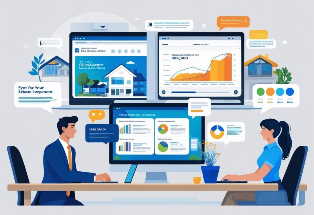 Real estate agent and VA having a virtual meeting, discussing property leads on screen with digital maps, graphs, and chat bubbles