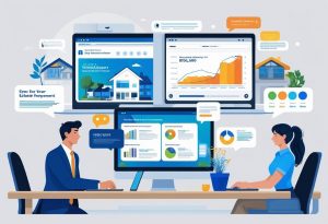 Real estate agent and VA having a virtual meeting, discussing property leads on screen with digital maps, graphs, and chat bubbles