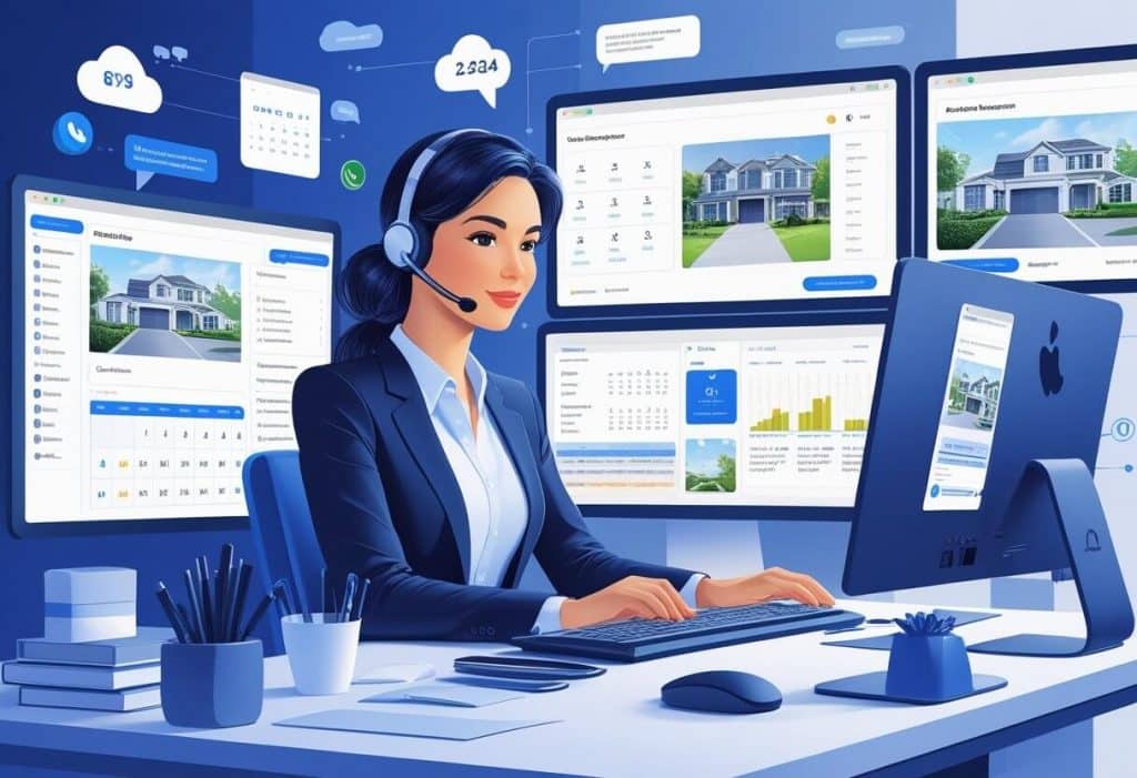 Real estate virtual assistant organizing property listings, answering calls, and managing schedules from a desktop computer in a virtual workspace