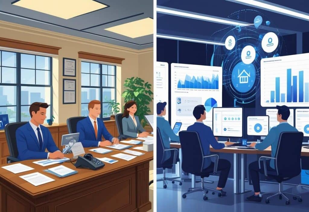 Split-screen concept_ traditional real estate office vs. digital-first real estate team using AI tools and virtual assistants