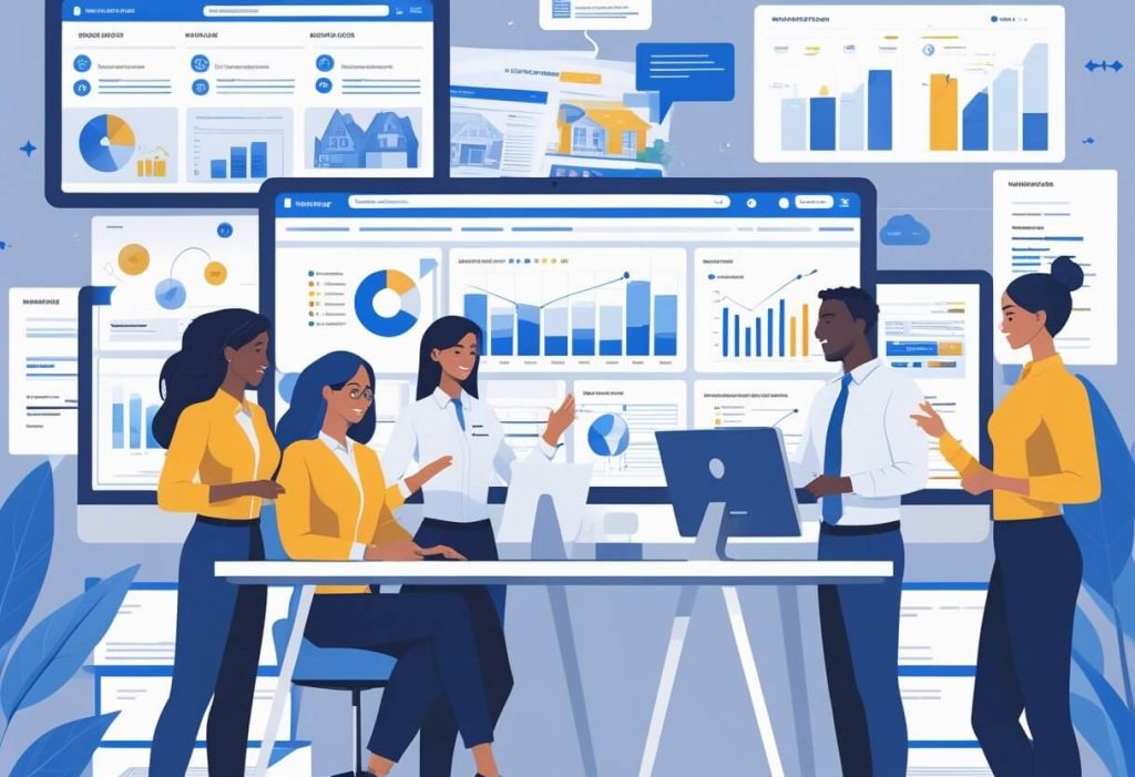 Team of diverse virtual assistants working together with real estate agents on digital screens, real estate documents floating in the background