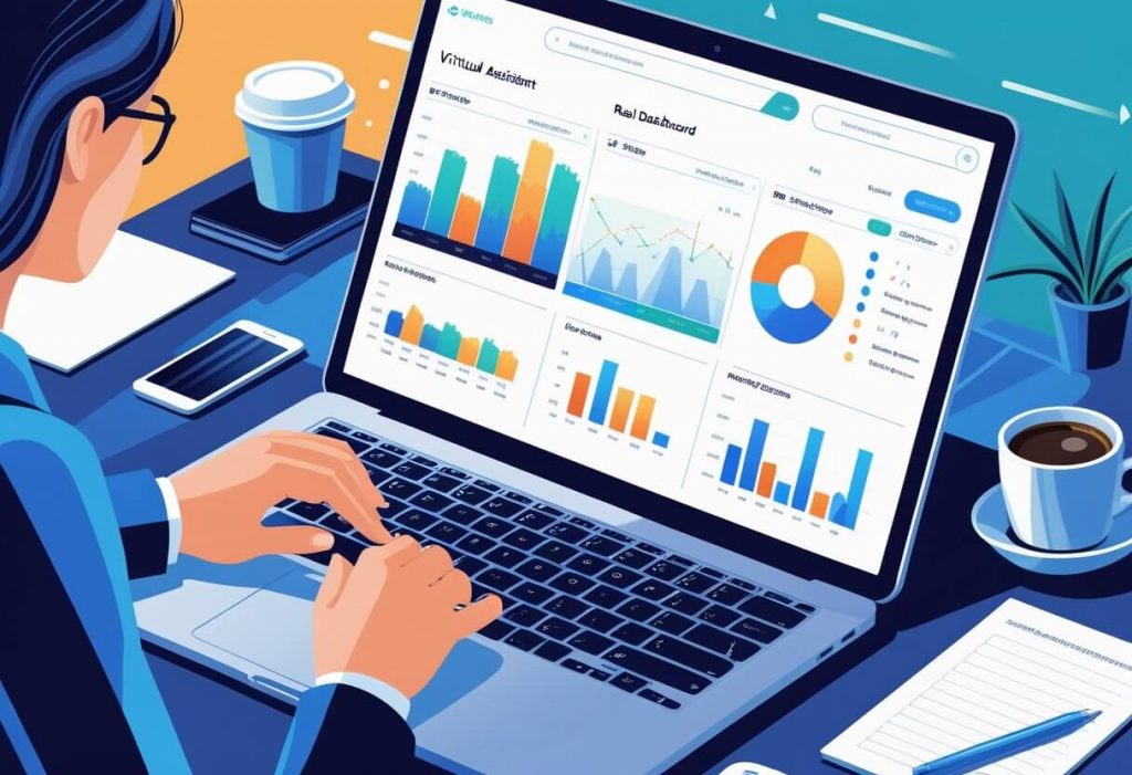 Virtual assistant working on real estate listings using a CRM dashboard, laptop view with analytics charts and property images