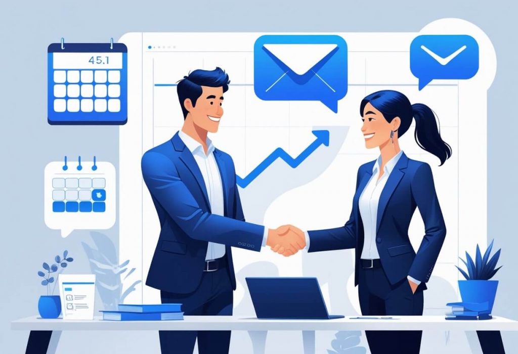 Young real estate agent closing a deal confidently, with subtle icons representing support from a virtual assistant in the background