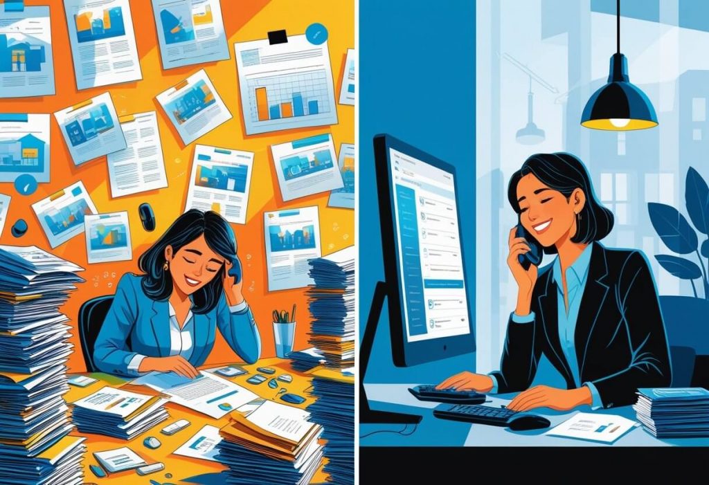 on one side, a busy real estate agent drowning in paperwork, phone calls, and listings; on the other, a calm agent focused on clients and showings while a virtual assistant handles administrative tasks on a computer