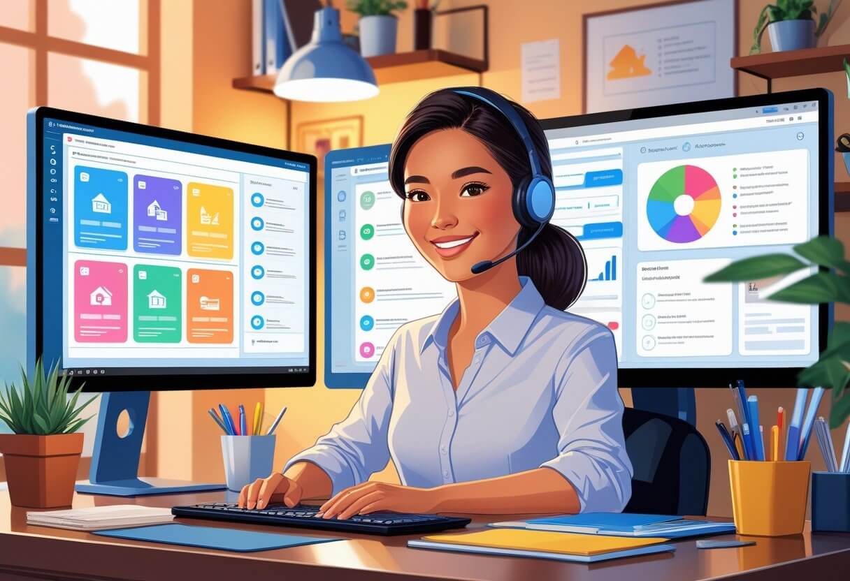 A smiling Filipino virtual assistant working remotely at a home office, wearing a headset, with property listing dashboards, CRM interfaces, and email reminders conveniently displayed on her multiple monitors.