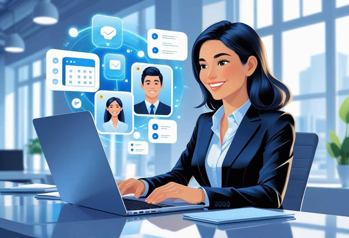 Real estate agent working from a laptop with a virtual assistant on a video call, digital interface with task icons in the background