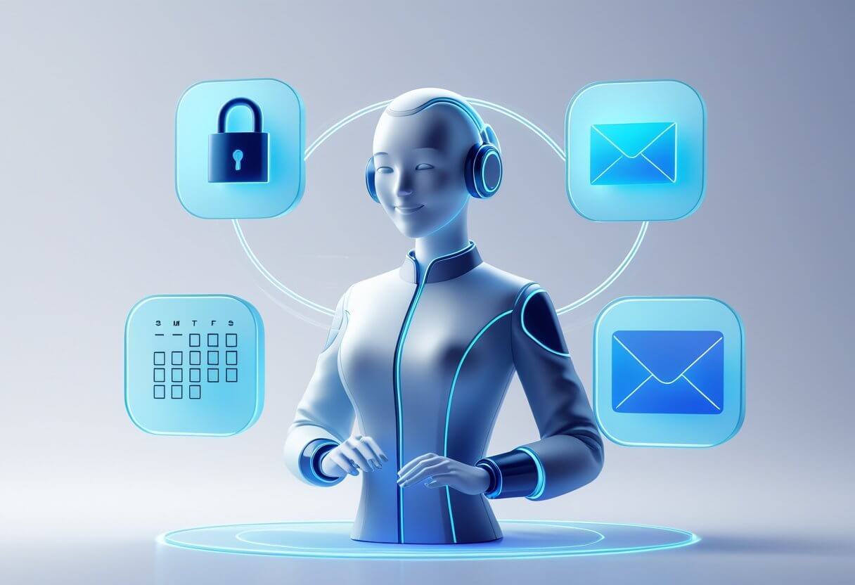 clock, calendar, email, and property icons being handled by a virtual assistant figure—visually representing time saved, increased leads, efficient listing management, and more closed deals.