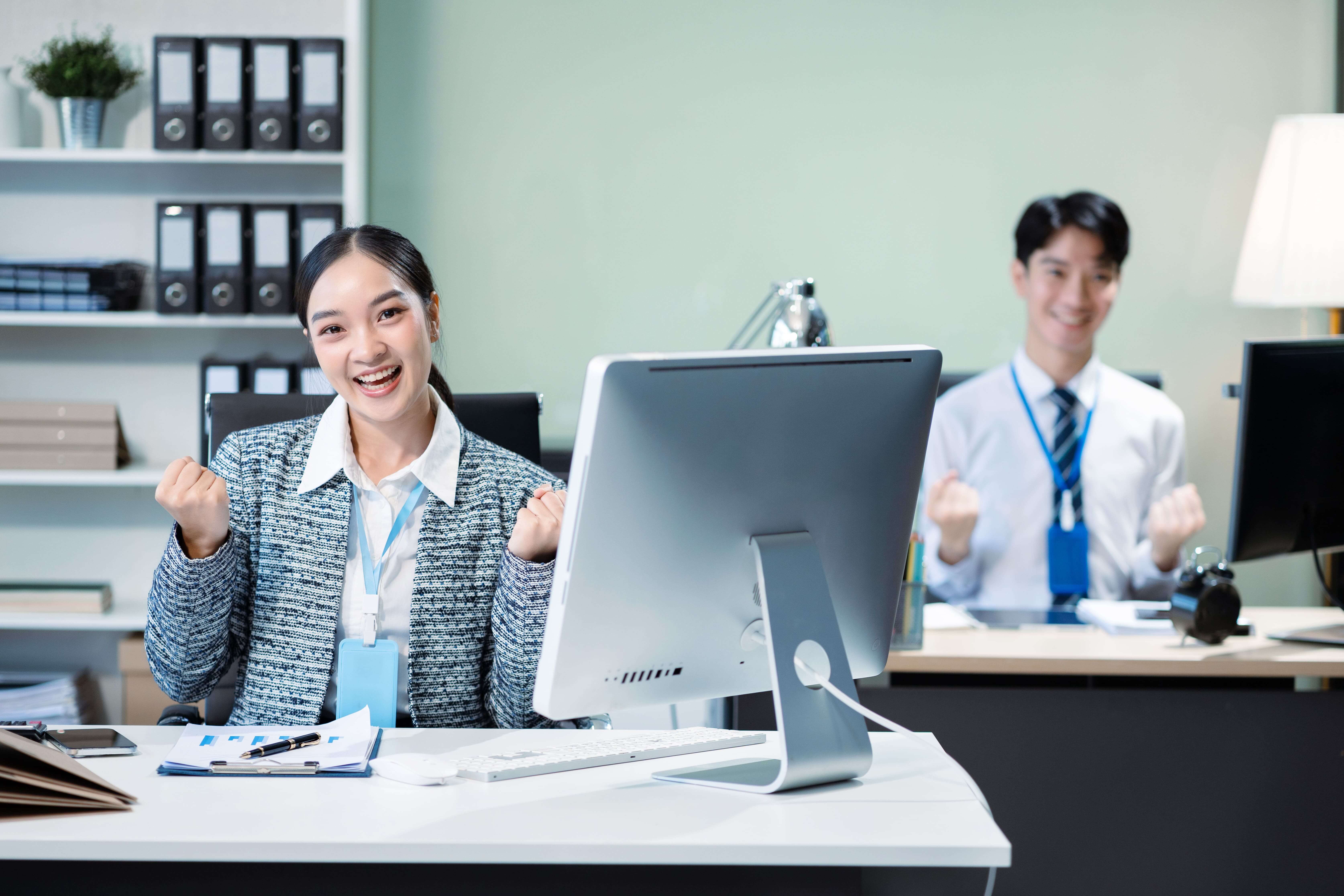 happy smiling businessman feel happy work complete