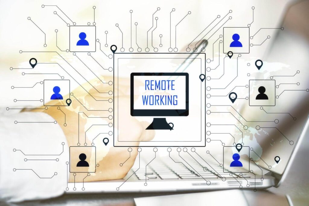 hand-with-phone-using-laptop-in-workplace-with-remote-work-interface-remote-access-chain