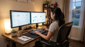 Female professional working remotely on dual monitors in a home office