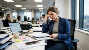 Tressed businesswoman overworked office desk