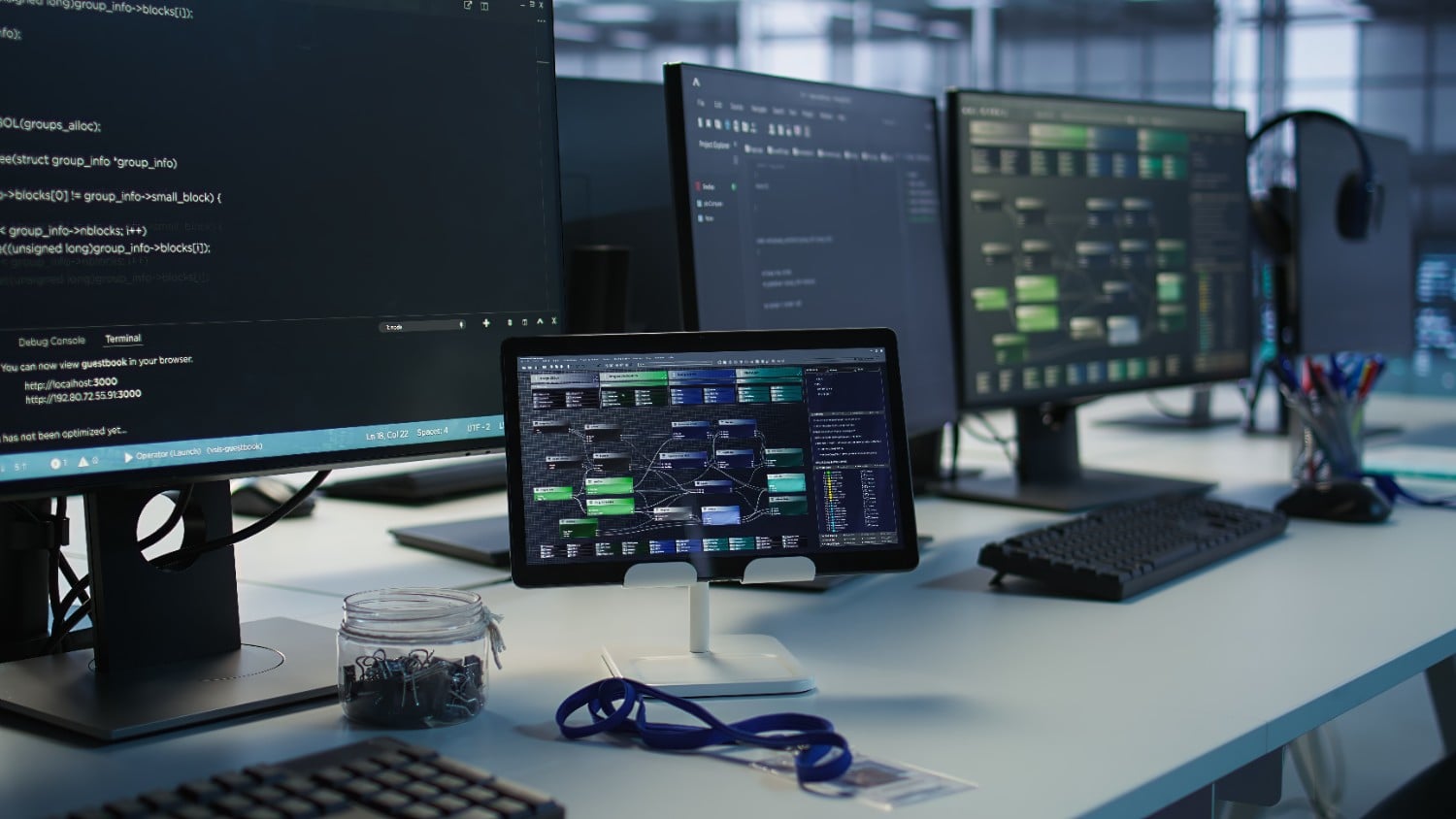 Secure workstation with several monitors showing system access and monitoring dashboards